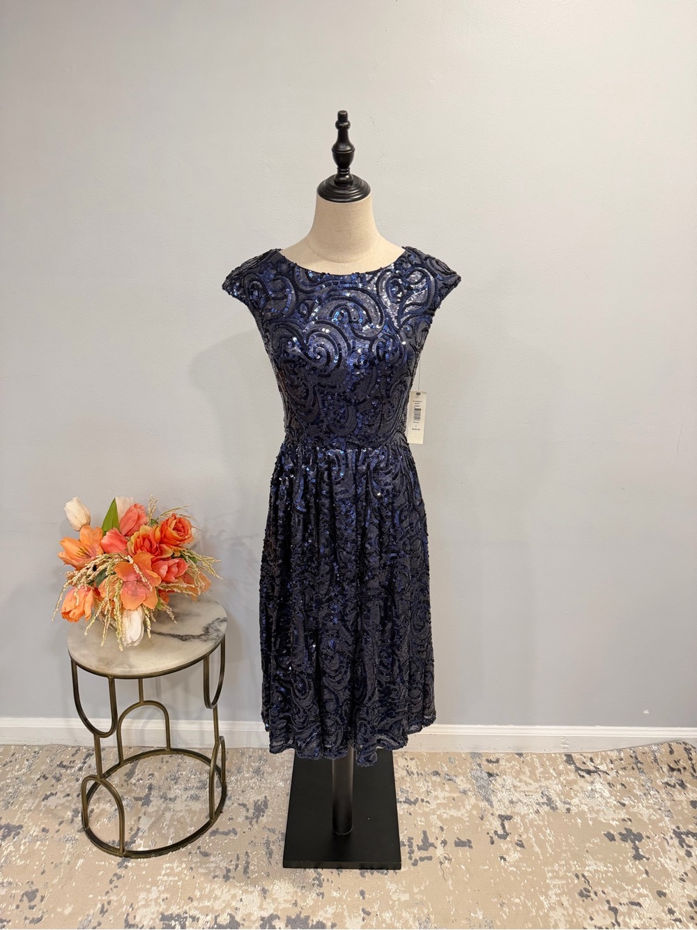 Badgley Mischka Collection Navy Sequin Pattern Cap-Sleeve Fit & Flare Midi Dress